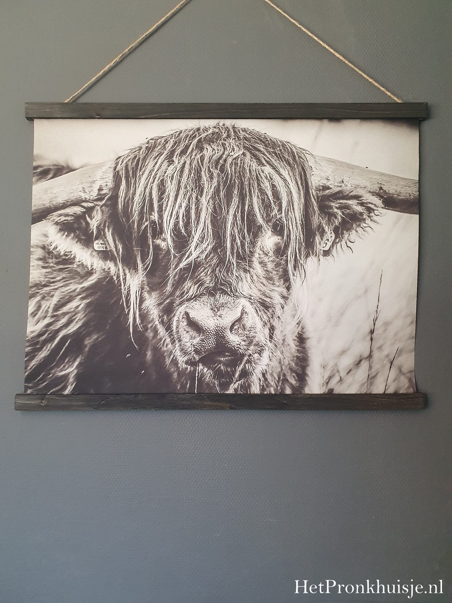 Wanddoek. Hooglander kop. Zwart wit. 80×60 - Afbeelding 2